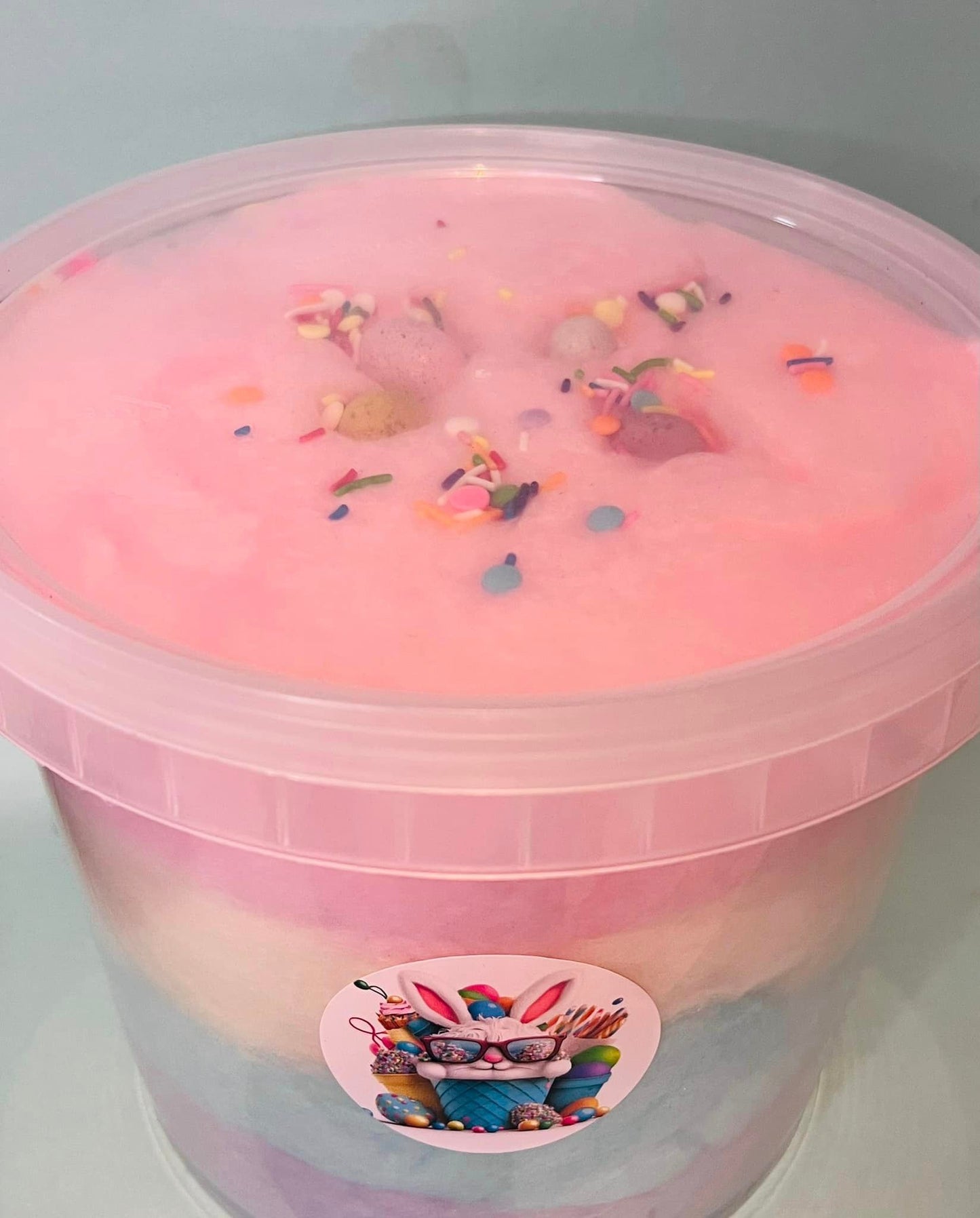 5 Litre Bucket of Rainbow Floss + Candy Chocolate Eggs + Personalised Bunny Sticker